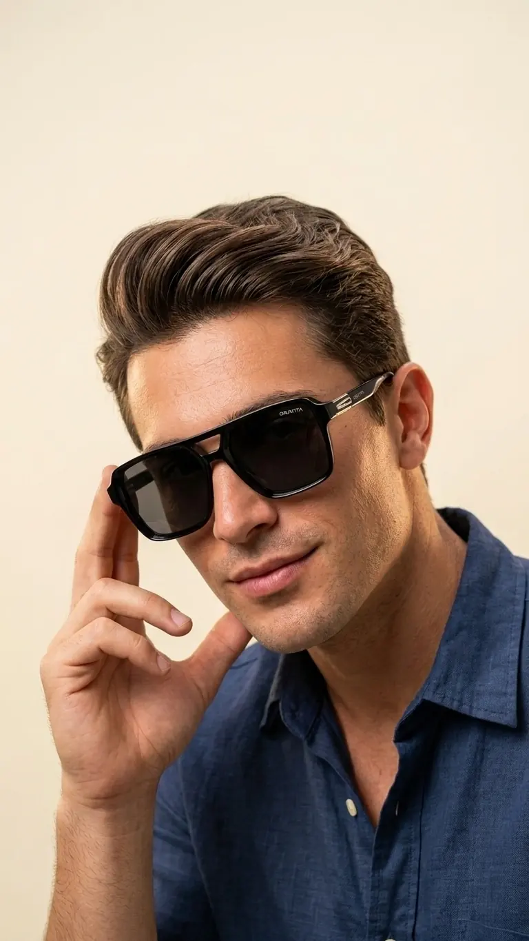 Man holding double bridge sunglasses